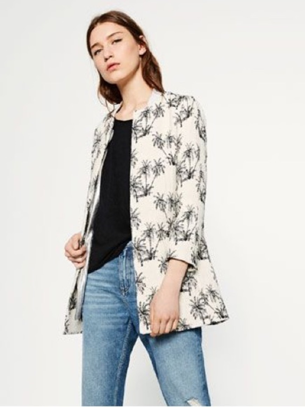 Zara Basic Collection Black & White Palm Tree Jacquard Open Front Coat XS